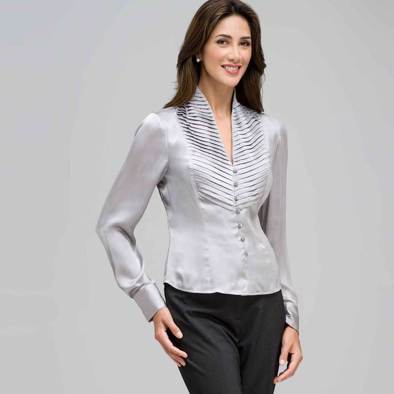 Pleated Bib Long Sleeve Shirt, , large image number 0