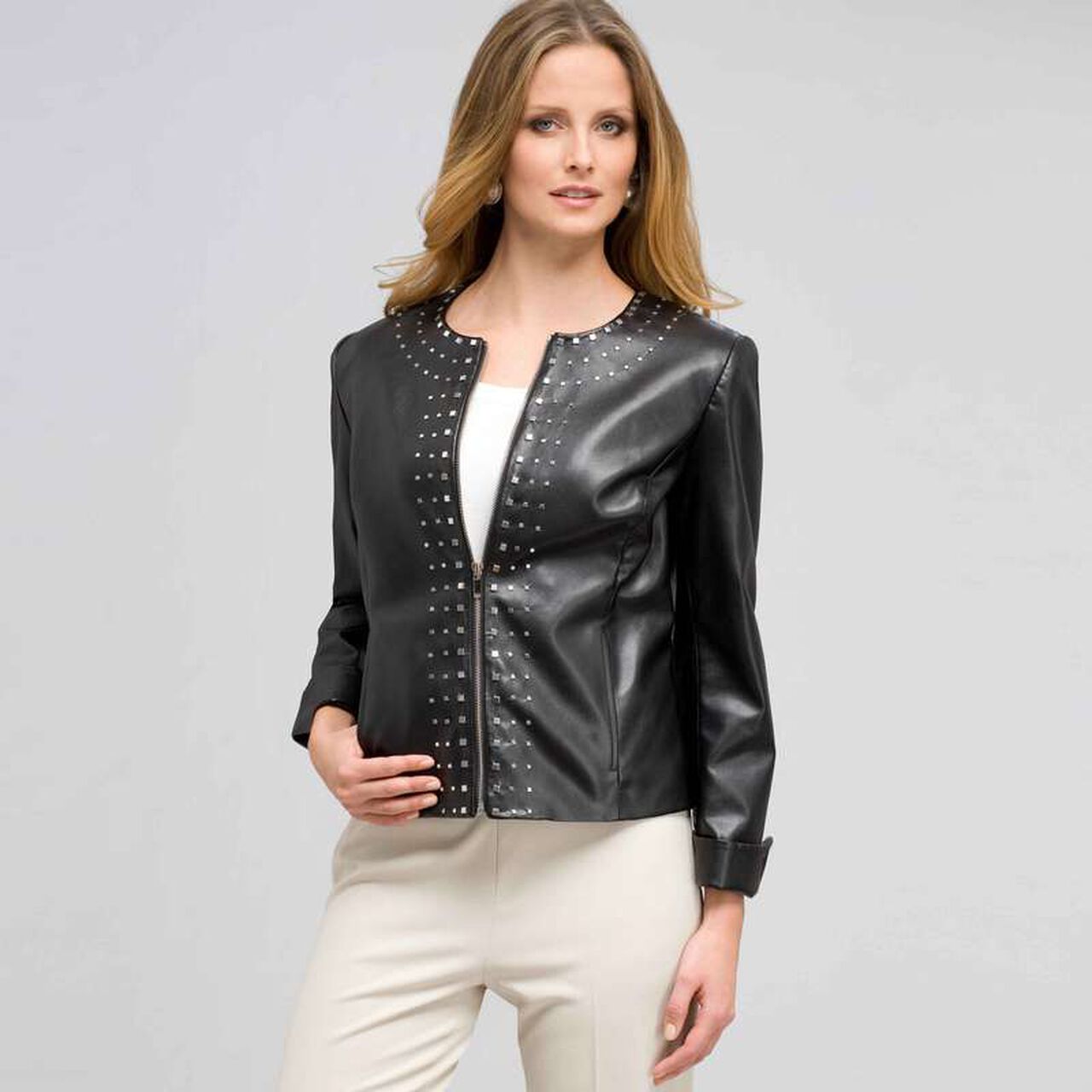Leather Top Front Studded Jacket, , large image number 0